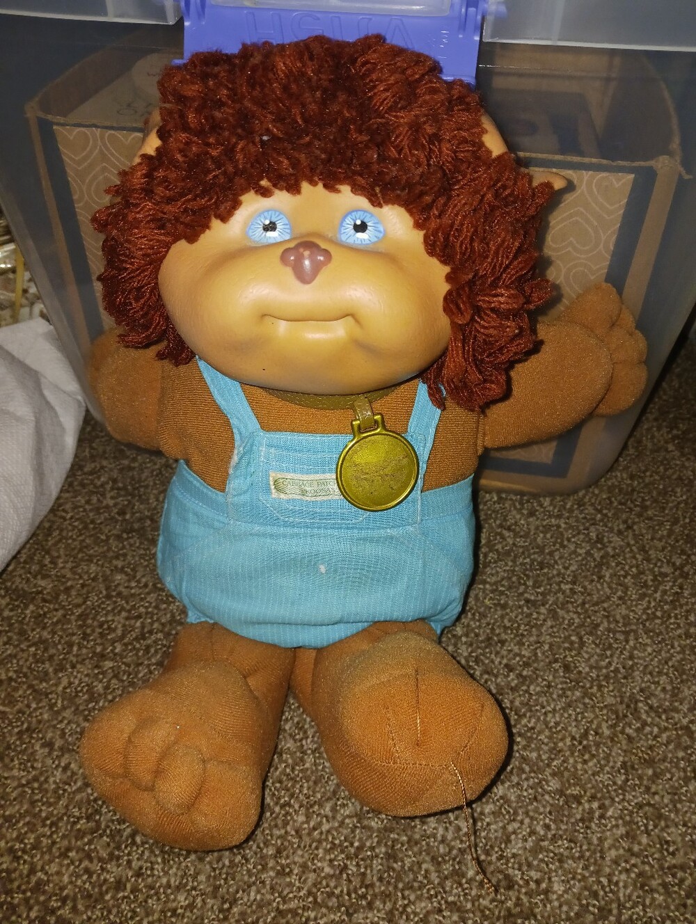 Vintage Cabbage Patch Kids Lion  Doll with Blue Overalls and Brown Fur